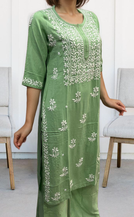 Pista Green Chikankari Kurti Set. Flowy Rayon Fabric. | Laces and Frills