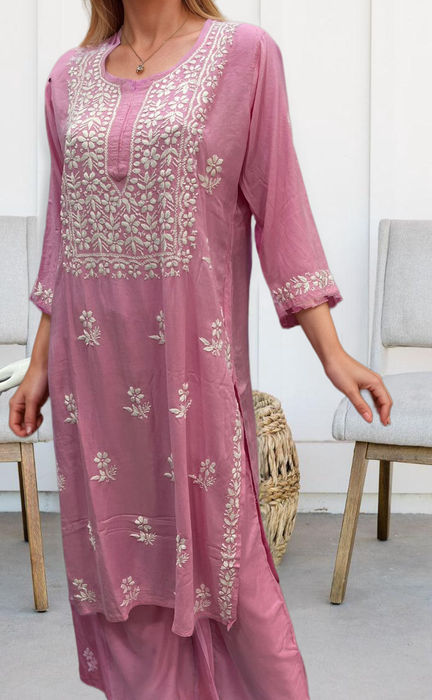 Baby Pink Chikankari Kurti Set. Flowy Rayon Fabric. | Laces and Frills