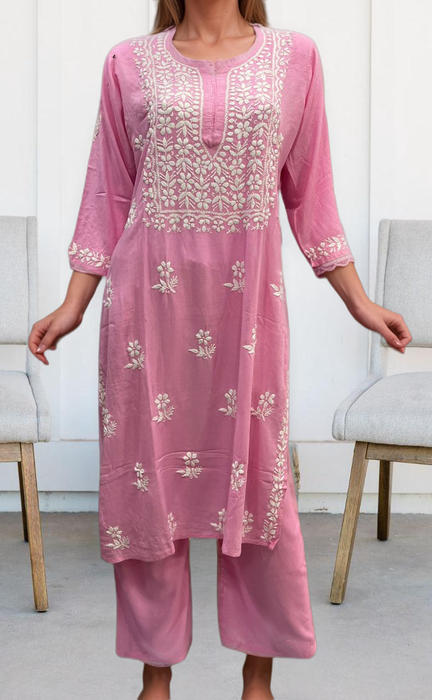 Baby Pink Chikankari Kurti Set. Flowy Rayon Fabric. | Laces and Frills