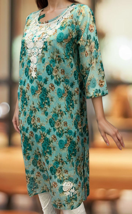 Sea Green Chikankari Kurti. Kota Doria Fabric. | Laces and Frills