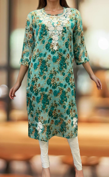 Sea Green Chikankari Kurti. Kota Doria Fabric. | Laces and Frills