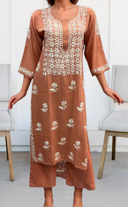 Peach Chikankari Kurti Set. Flowy Rayon Fabric. | Laces and Frills