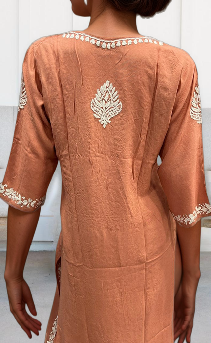 Peach Chikankari Kurti Set. Flowy Rayon Fabric. | Laces and Frills