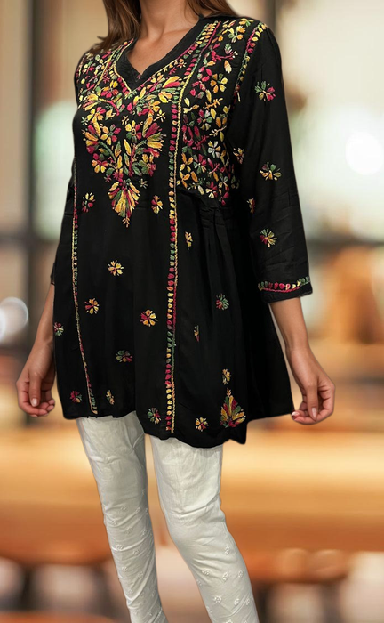 Black Chikankari Short Kurti. Flowy Rayon Fabric. | Laces and Frills