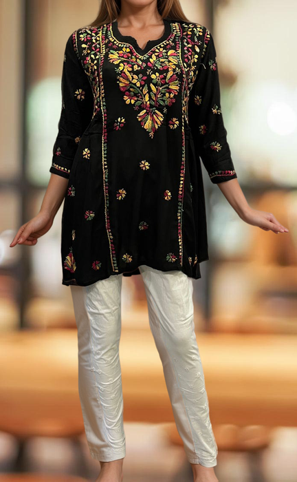 Black Chikankari Short Kurti. Flowy Rayon Fabric. | Laces and Frills