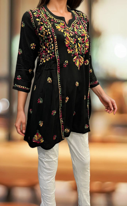 Black Chikankari Short Kurti. Flowy Rayon Fabric. | Laces and Frills