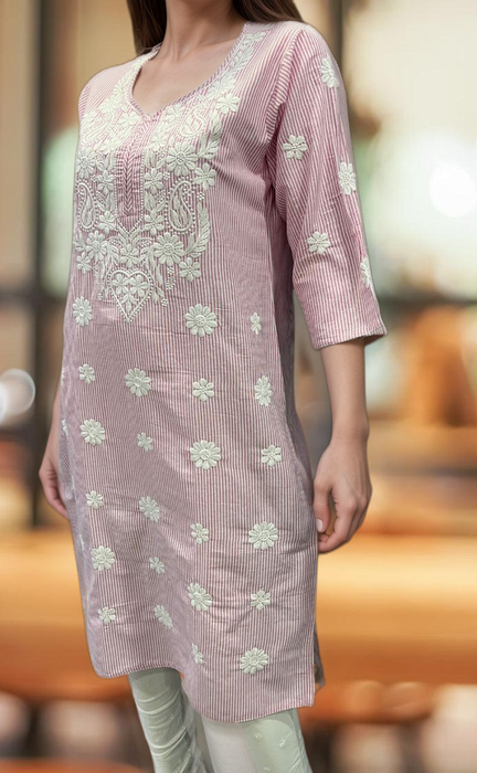 Pink Machine Chikankari Kurti.  Versatile Cotton Fabric. | Laces and Frills