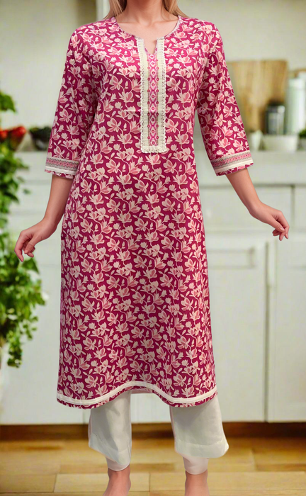 Pink Floral Cotton Kurti. Pure Versatile Cotton. | Laces and Frills