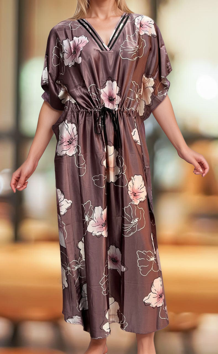 Onion Pink Floral Satin Kaftan .Soft Silky Satin | Laces and Frills