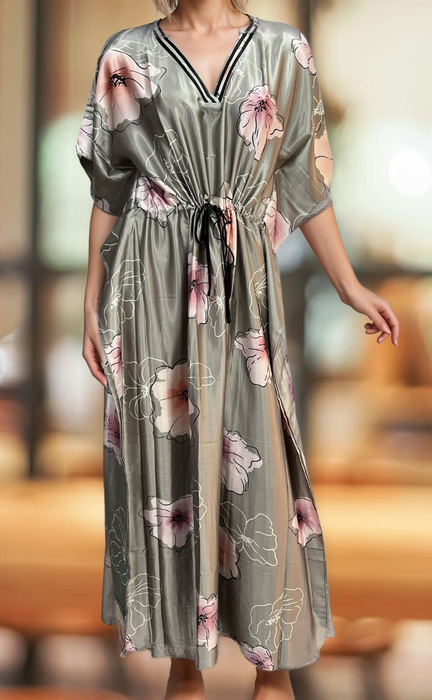 Grey Floral Satin Kaftan .Soft Silky Satin | Laces and Frills