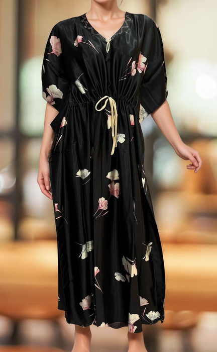 Black Floral Satin Kaftan .Soft Silky Satin | Laces and Frills