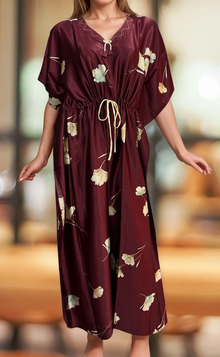 Maroon Floral Satin Kaftan .Soft Silky Satin | Laces and Frills