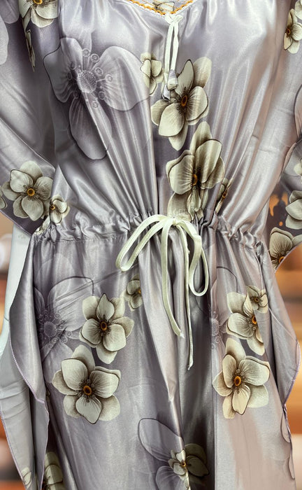 Light Lavender Floral Satin Kaftan .Soft Silky Satin | Laces and Frills - Laces and Frills