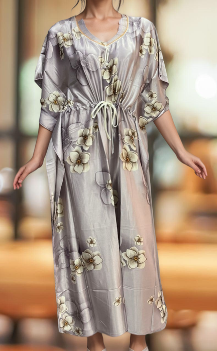 Light Lavender Floral Satin Kaftan .Soft Silky Satin | Laces and Frills