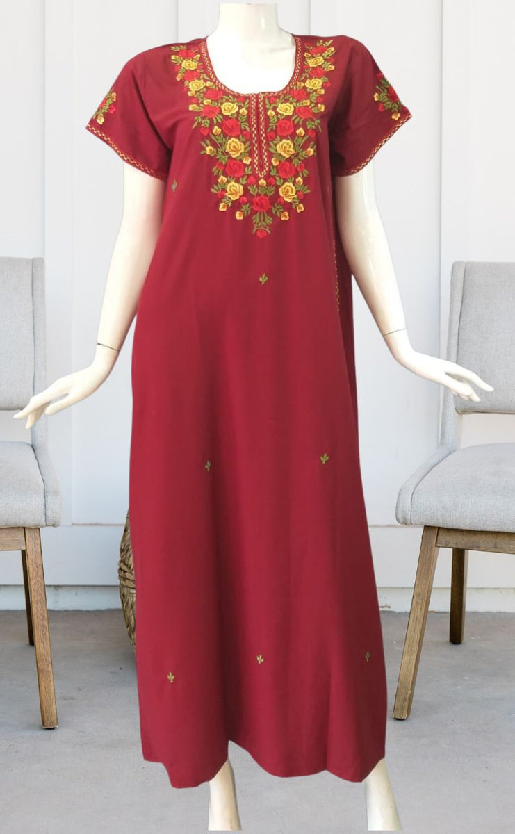 Maroon Embroidery Soft Cotton Long Sleeves Nighty. Soft Breathable