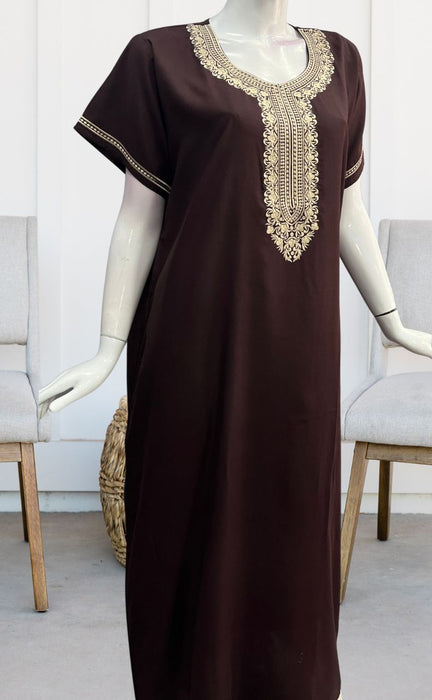 Dark Maroon Embroidery Soft Cotton Nighty. Soft Breathable Fabric | Laces and Frills