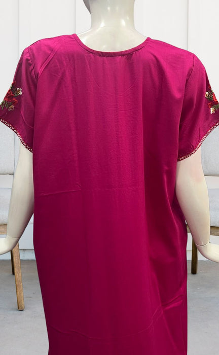 Hot Pink Embroidery Soft Cotton Nighty. Soft Breathable Fabric | Laces and Frills