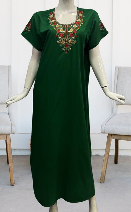 Green Embroidery Soft Cotton Nighty. Soft Breathable Fabric | Laces and Frills