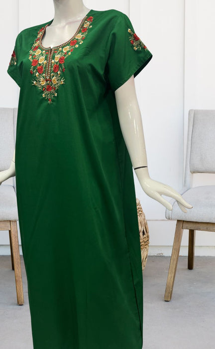 Green Embroidery Soft Cotton Nighty. Soft Breathable Fabric | Laces and Frills