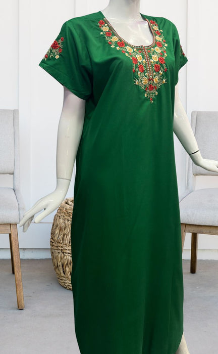 Green Embroidery Soft Cotton Nighty. Soft Breathable Fabric | Laces and Frills