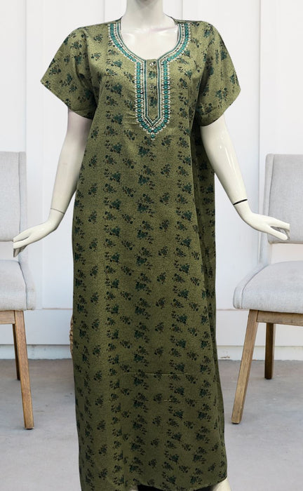 Green Embroidery Soft Cotton Nighty. Soft Breathable Fabric | Laces and Frills