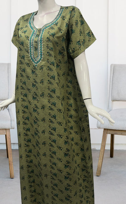 Green Embroidery Soft Cotton Nighty. Soft Breathable Fabric | Laces and Frills