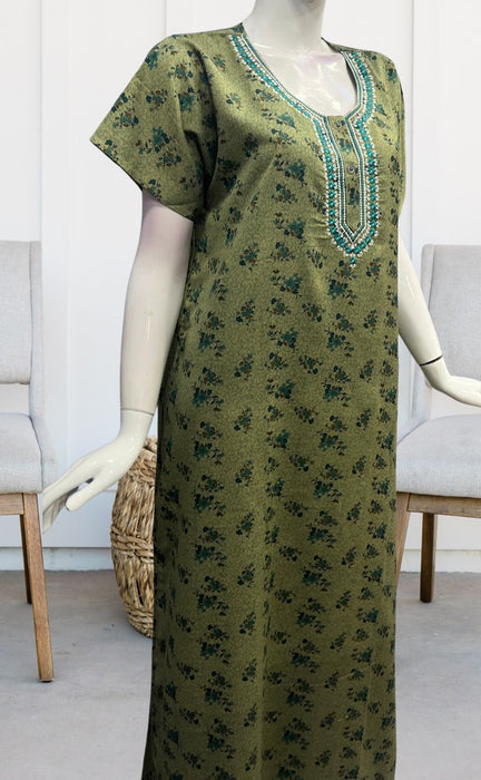 Green Embroidery Soft Cotton Nighty. Soft Breathable Fabric | Laces and Frills