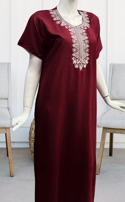 Maroon Embroidery Soft Cotton Nighty. Soft Breathable Fabric | Laces and Frills