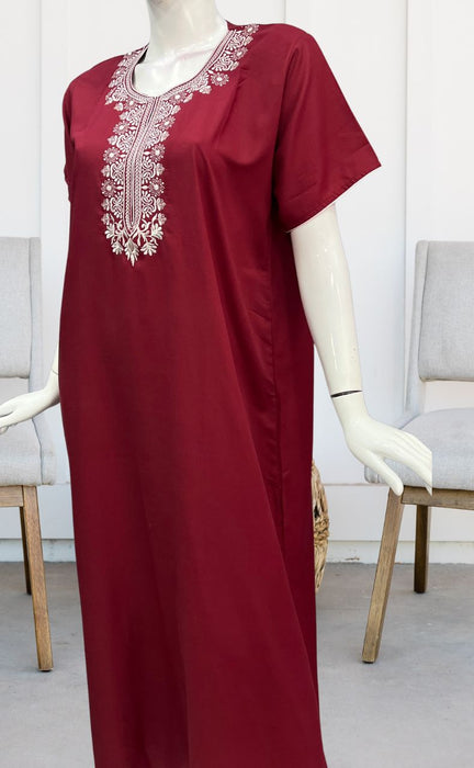 Maroon Embroidery Soft Cotton Nighty. Soft Breathable Fabric | Laces and Frills