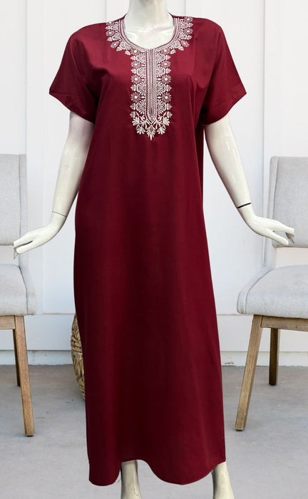 Maroon Embroidery Soft Cotton Nighty. Soft Breathable Fabric | Laces and Frills