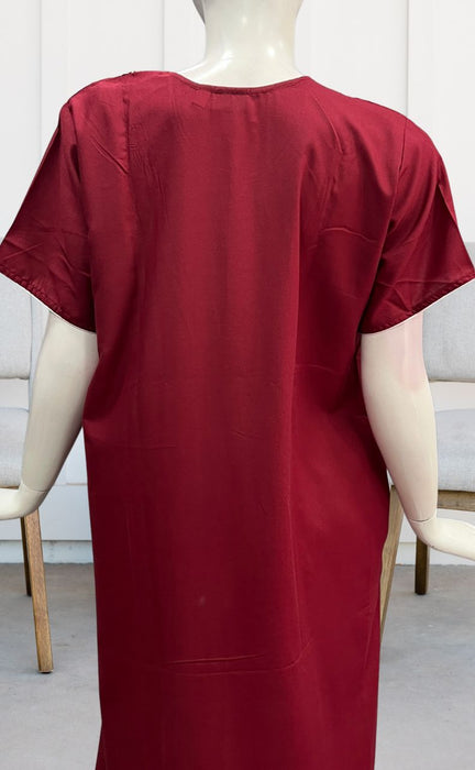 Maroon Embroidery Soft Cotton Nighty. Soft Breathable Fabric | Laces and Frills