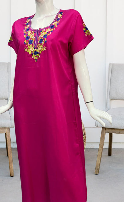 Rani Pink Embroidery Soft Cotton Nighty. Soft Breathable Fabric | Laces and Frills