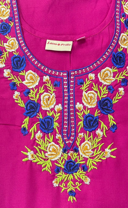 Rani Pink Embroidery Soft Cotton Nighty. Soft Breathable Fabric | Laces and Frills