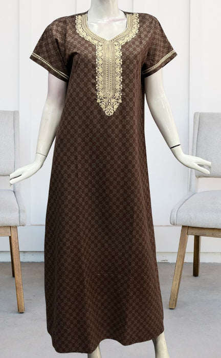 Brown Embroidery Soft Cotton Nighty. Soft Breathable Fabric | Laces and Frills