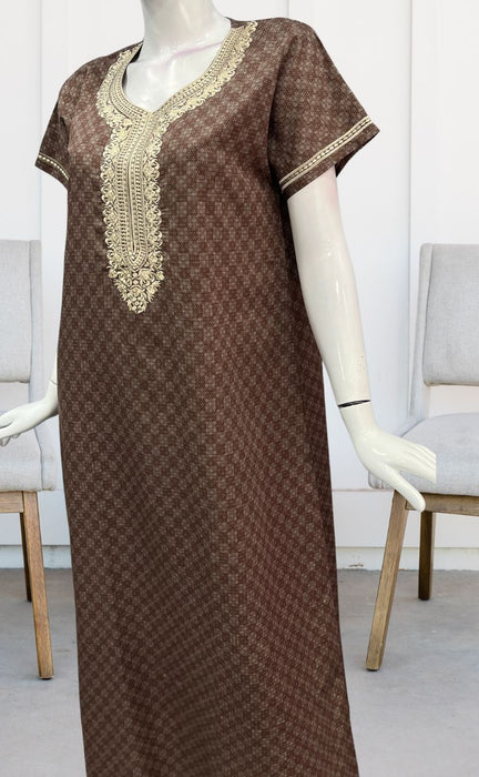 Brown Embroidery Soft Cotton Nighty. Soft Breathable Fabric | Laces and Frills