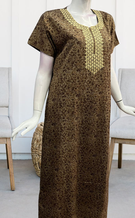 Brown Embroidery Soft Cotton Nighty. Soft Breathable Fabric | Laces and Frills