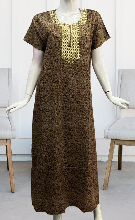 Brown Embroidery Soft Cotton Nighty. Soft Breathable Fabric | Laces and Frills