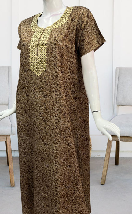 Brown Embroidery Soft Cotton Nighty. Soft Breathable Fabric | Laces and Frills