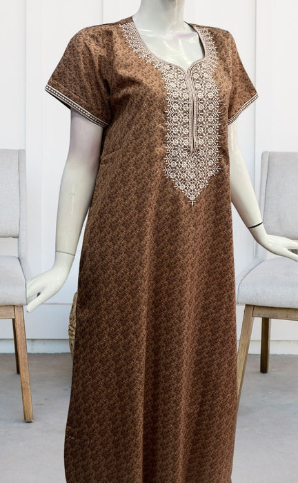 Light Brown Embroidery Soft Cotton Nighty. Soft Breathable Fabric | Laces and Frills