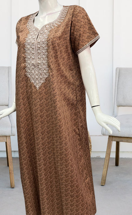 Light Brown Embroidery Soft Cotton Nighty. Soft Breathable Fabric | Laces and Frills