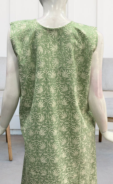 Pista Green Garden Sleeveless Pure Cotton Nighty. Pure Durable Cotton | Laces and Frills