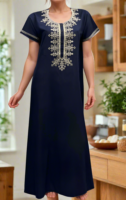 Navy Blue Embroidery Soft Cotton Nighty. Soft Breathable Fabric | Laces and Frills