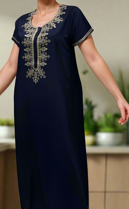 Navy Blue Embroidery Soft Cotton Nighty. Soft Breathable Fabric | Laces and Frills