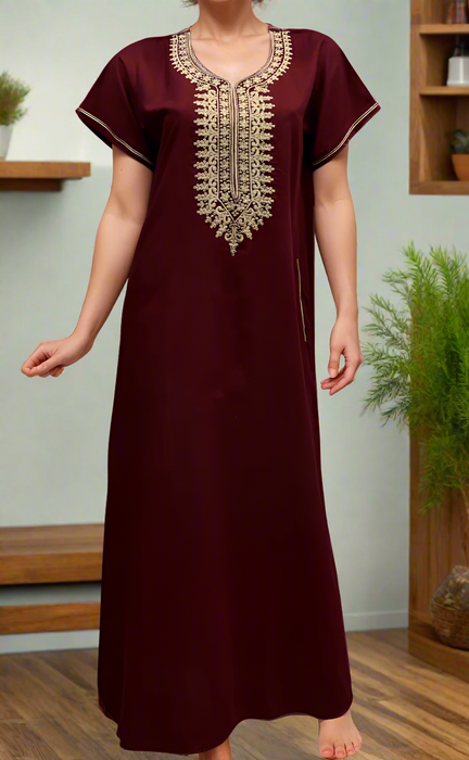 Maroon Embroidery Soft Cotton Nighty. Soft Breathable Fabric | Laces and Frills