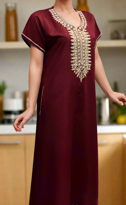 Maroon Embroidery Soft Cotton Nighty. Soft Breathable Fabric | Laces and Frills