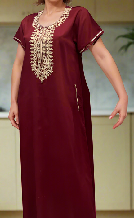 Maroon Embroidery Soft Cotton Nighty. Soft Breathable Fabric | Laces and Frills