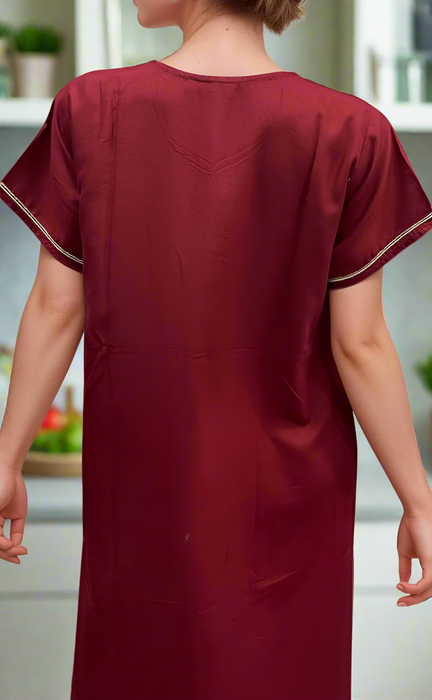 Maroon Embroidery Soft Cotton Nighty. Soft Breathable Fabric | Laces and Frills