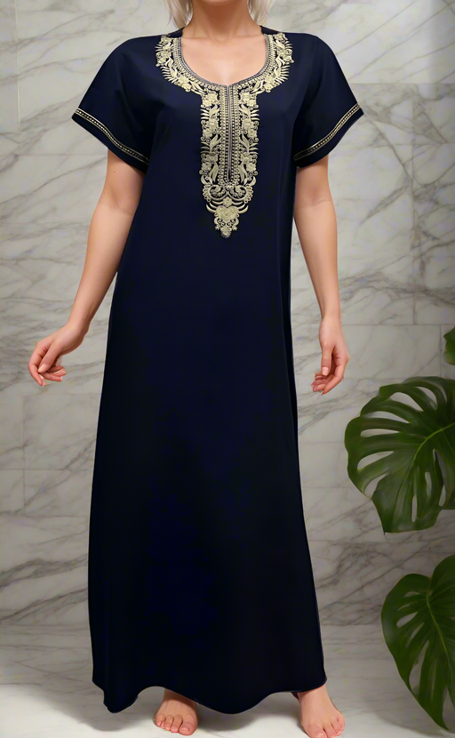 Navy Blue Embroidery Soft Cotton Nighty. Soft Breathable Fabric | Laces and Frills