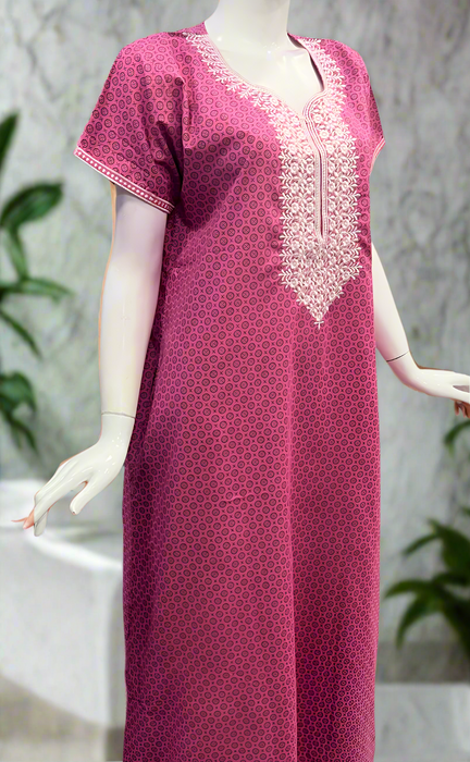 Pink Embroidery Soft Cotton Nighty. Soft Breathable Fabric | Laces and Frills