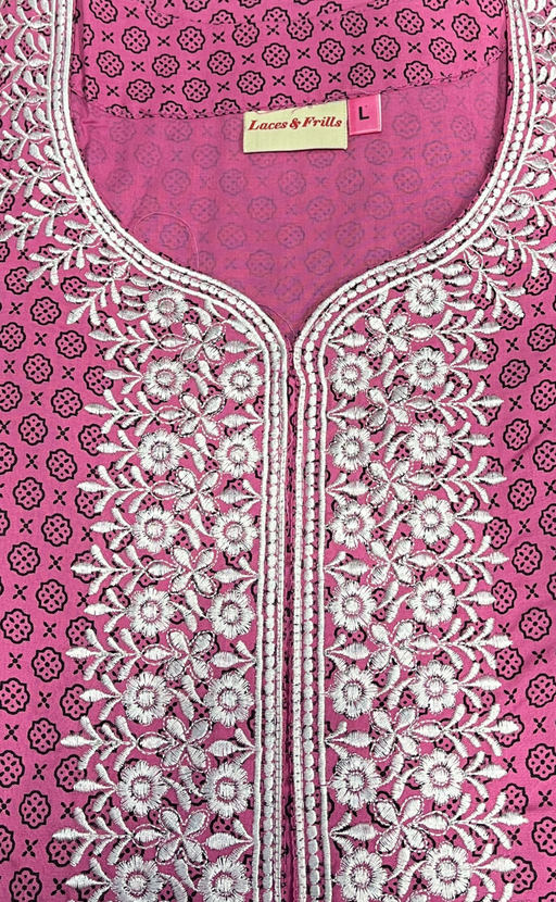 Pink Embroidery Soft Cotton Nighty. Soft Breathable Fabric | Laces and Frills